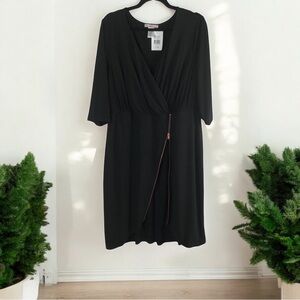 Love Squared Sheath Dress Women 2X Faux Wrap 3/4 Sleeve Midi Asymmetrical Zip